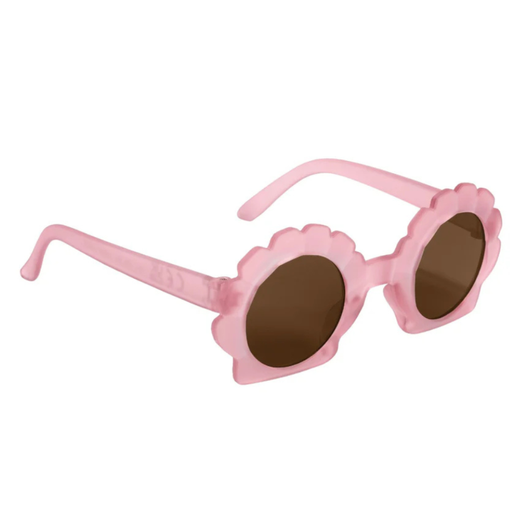 Óculos de sol com armação rosa em forma de flor e lentes castanhas
