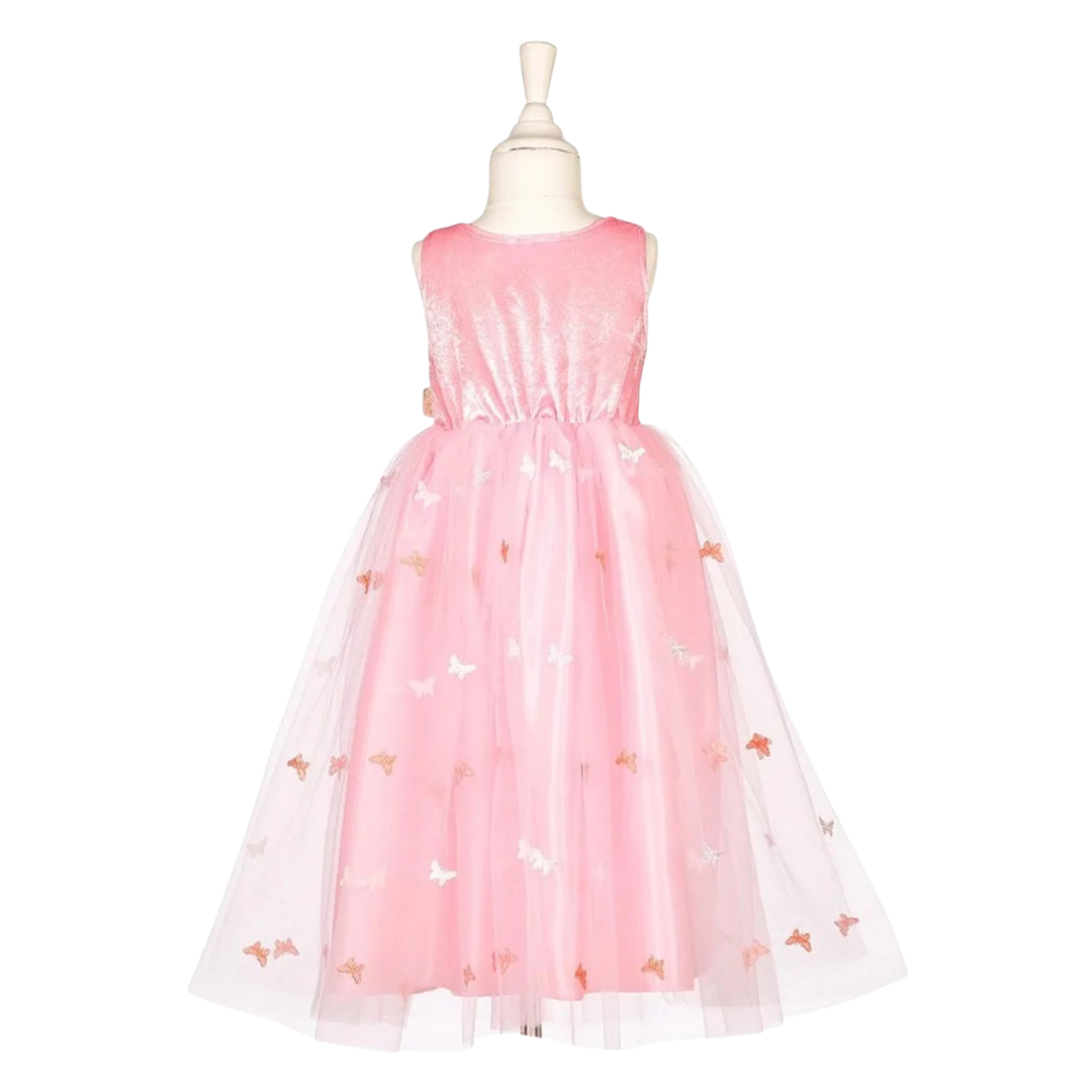 Vestido infantil rosa com corpete aveludado e saia de tule com borboletas