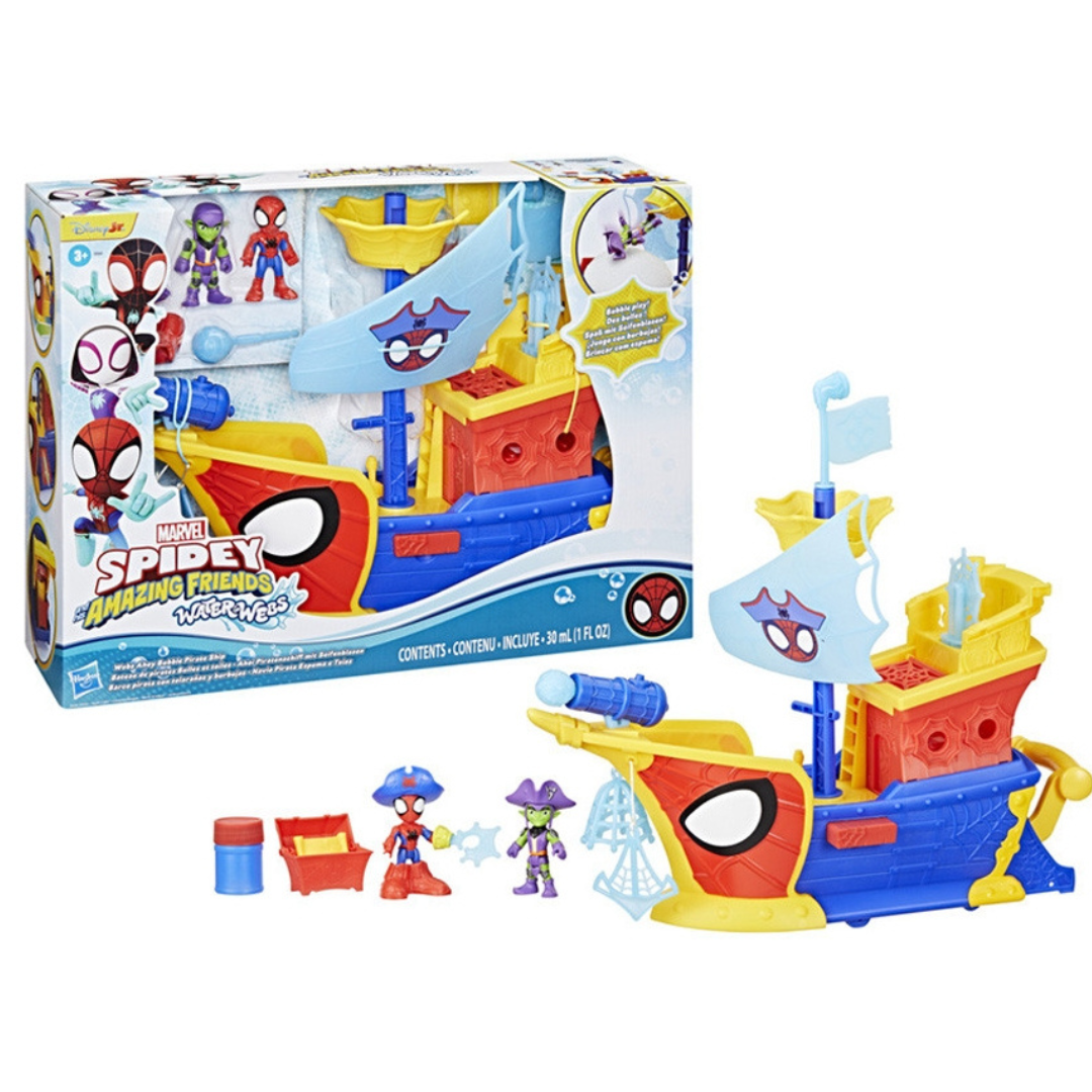 Brinquedo de barco pirata Homem-Aranha com figuras e acessórios coloridos