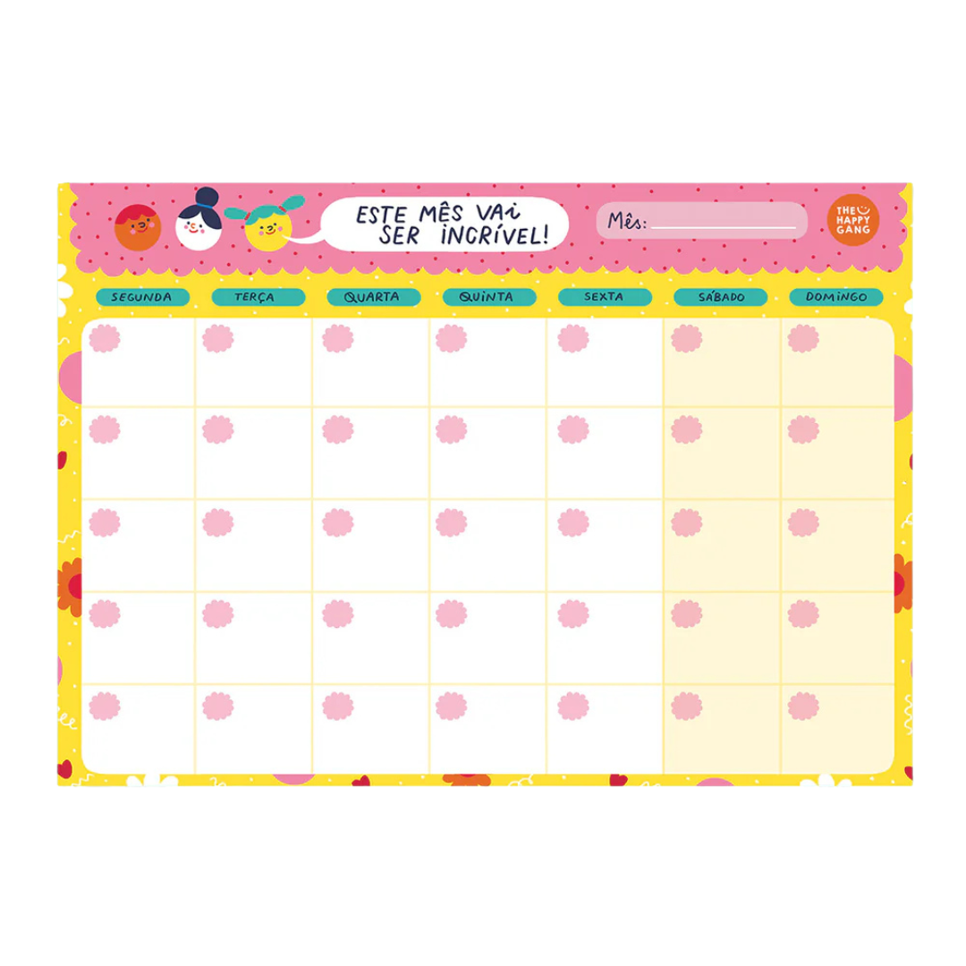 Calendário semanal colorido com texto em português e ilustrações divertidas.