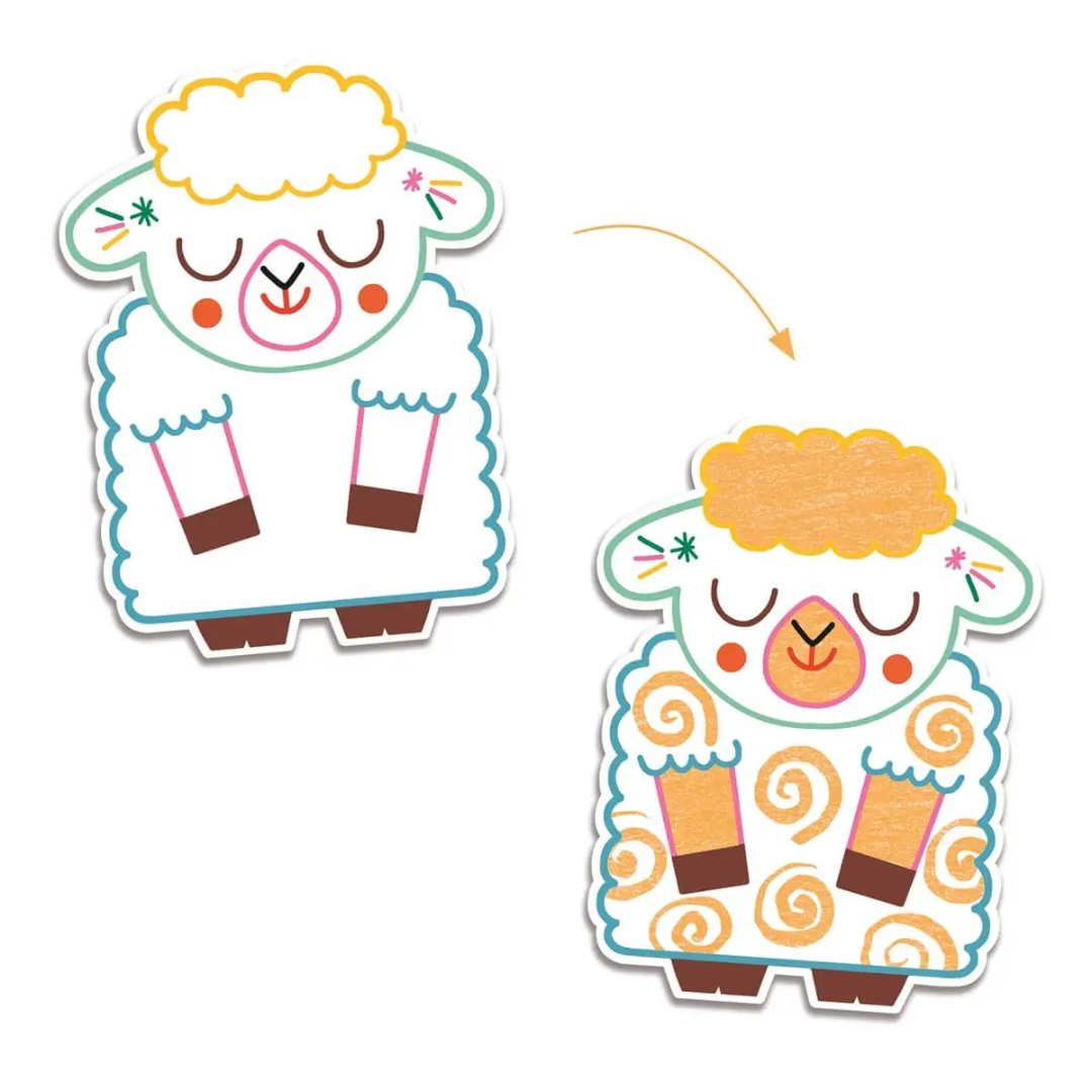 Dois autocolantes de ovelhas coloridas com olhos fechados e detalhes florais