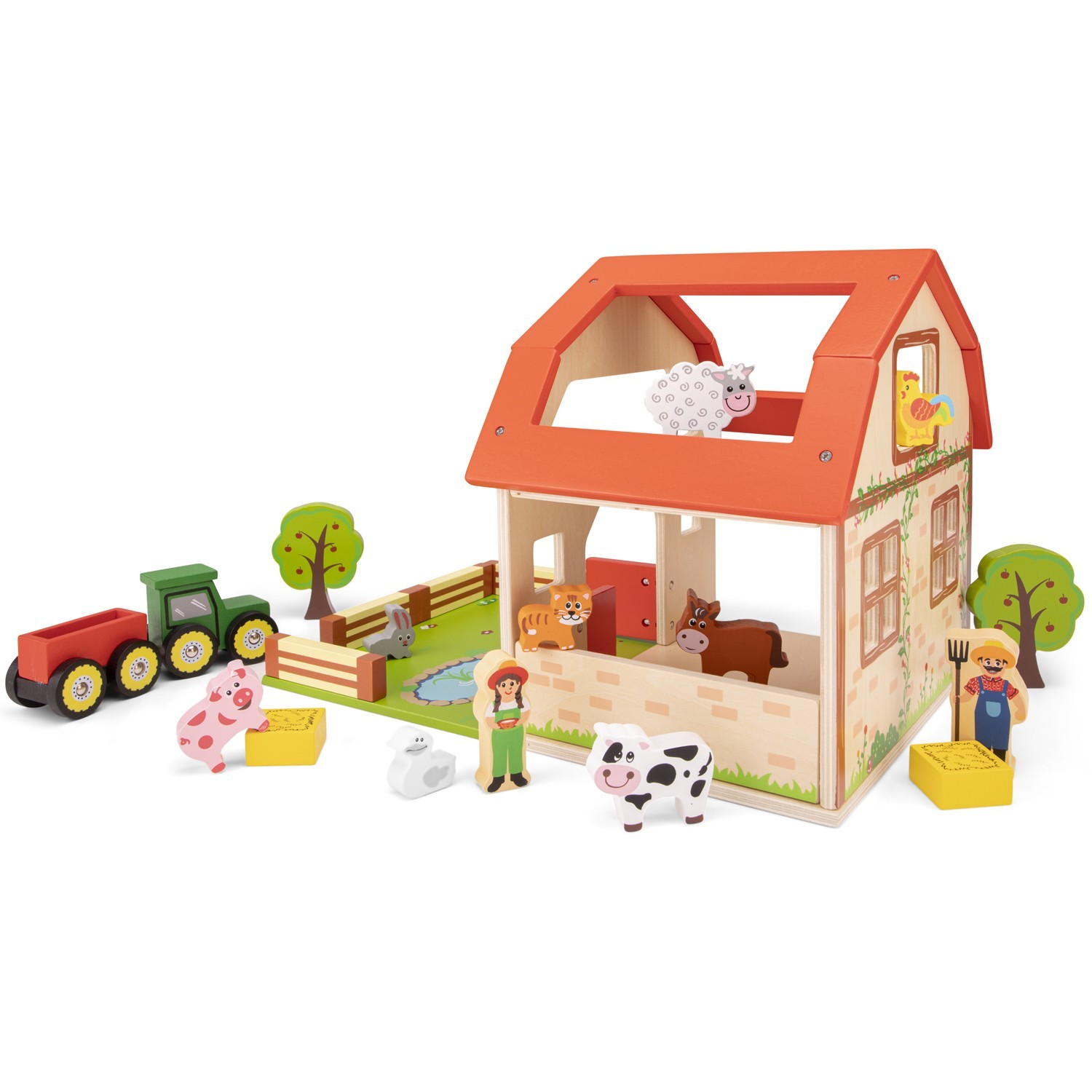 Brinquedo de quinta em madeira com animais, casa, figuras humanas e trator