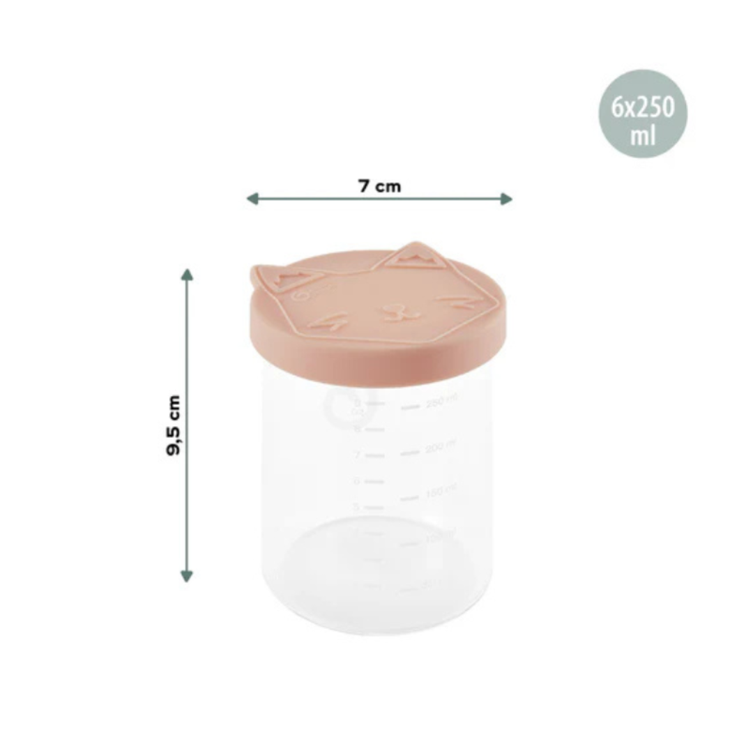 Frasco transparente com tampa rosa claro em forma de cabeça de gato e etiquetas de medida