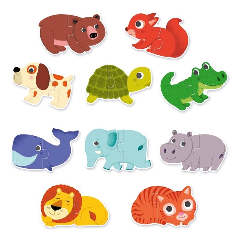 Puzzles infantis de animais coloridos com duas peças cada, em fundo branco.