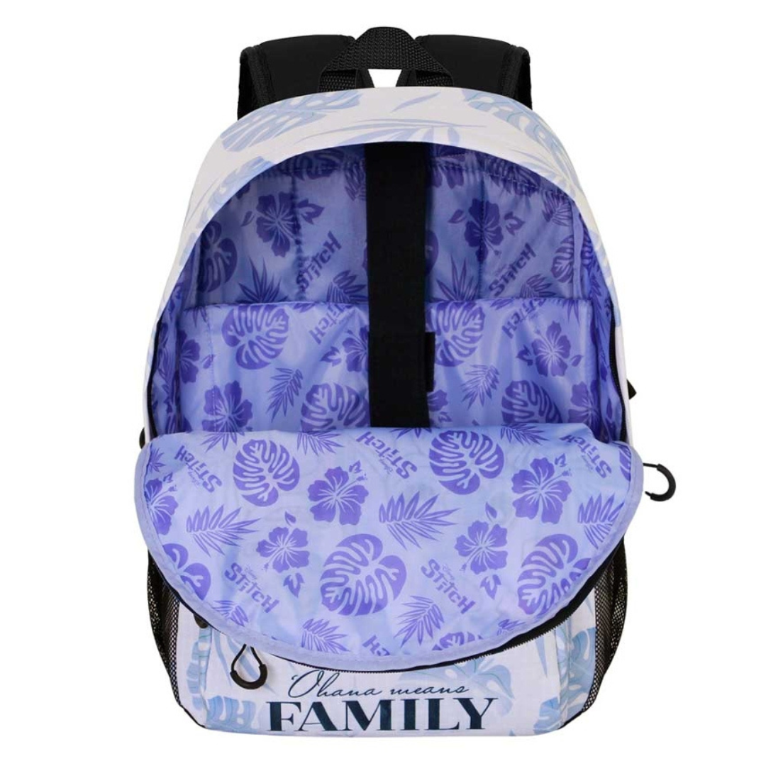Mochila branca com interior lilás estampado e texto FAMILY