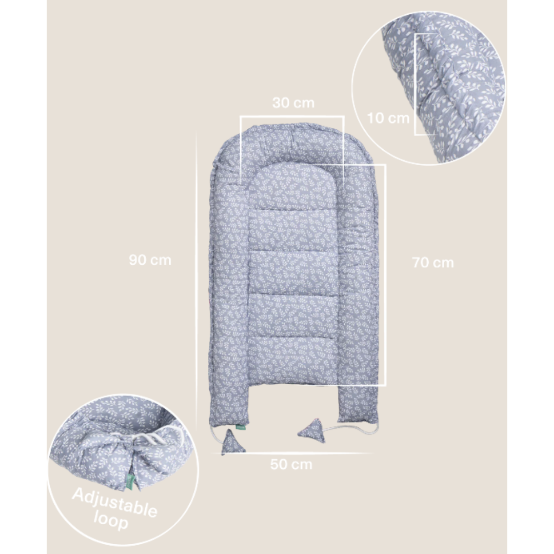 Colchão para bebé cinzento com padrão branco e laço ajustável