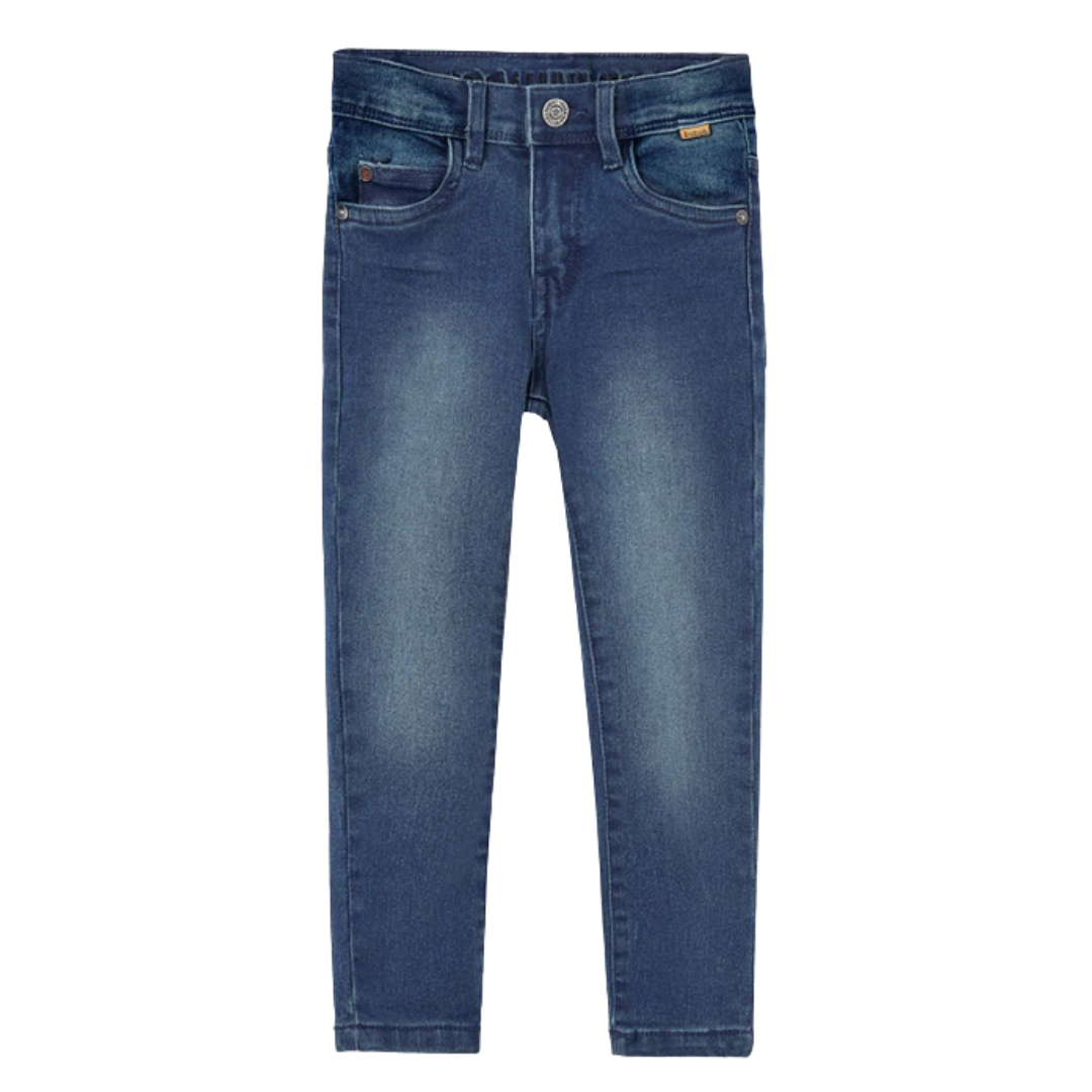 Calças de ganga azuis infantis com etiqueta boboli no bolso