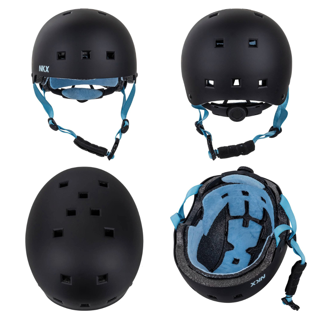 Capacete preto com correias azuis e interior azul almofadado