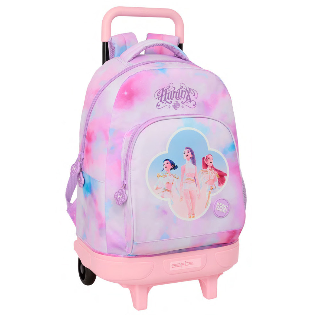 Mochila trolley infantil rosa lilás com personagens de desenho animado