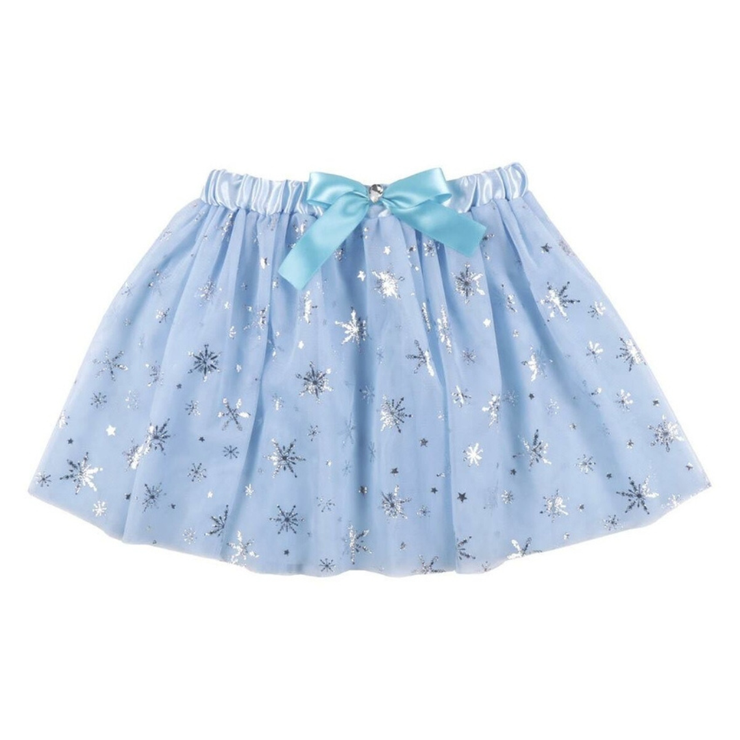 Saia azul com flocos de neve prateados e laço azul