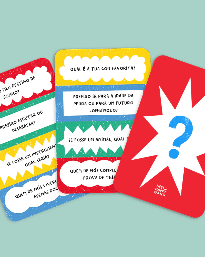 Cartas de jogo coloridas com perguntas em português sobre preferências e escolhas.
