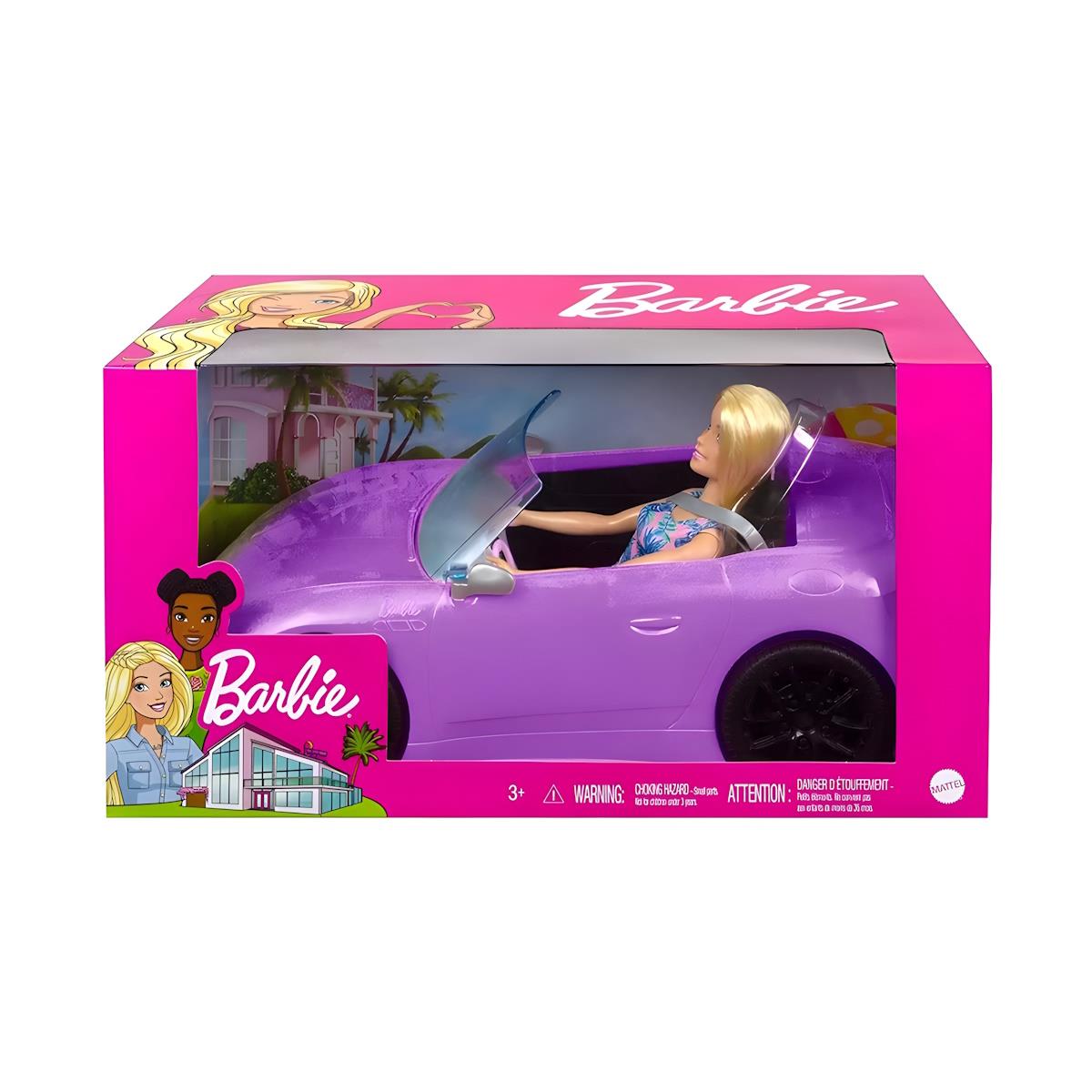 Boneca Barbie loira num carro desportivo roxo em embalagem rosa Barbie