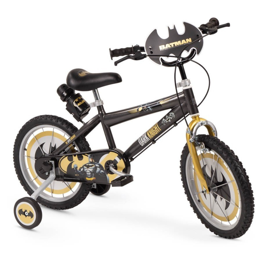 Bicicleta infantil Batman preta e dourada com rodinhas de apoio e decoração temática