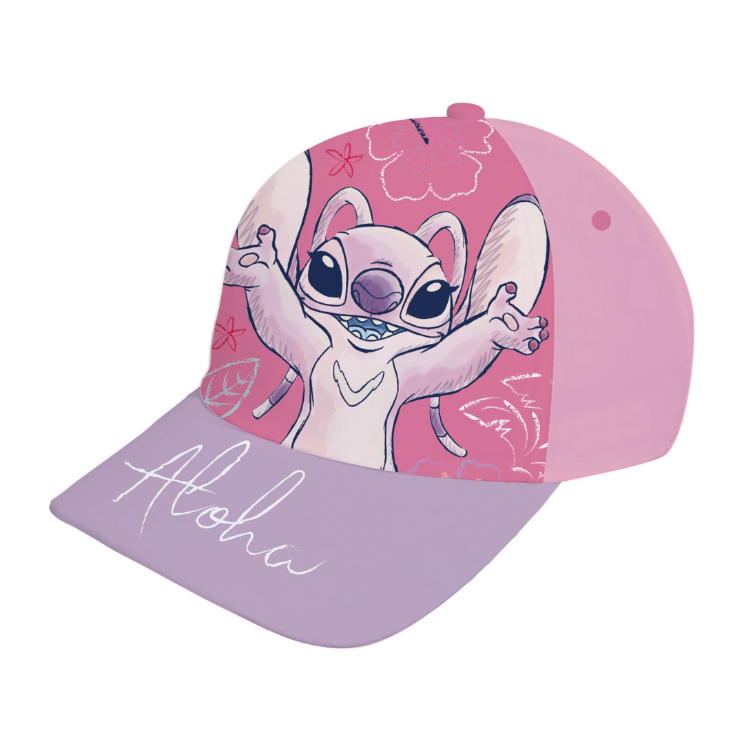 Boné infantil rosa e lilás com estampa do Stitch e texto Aloha