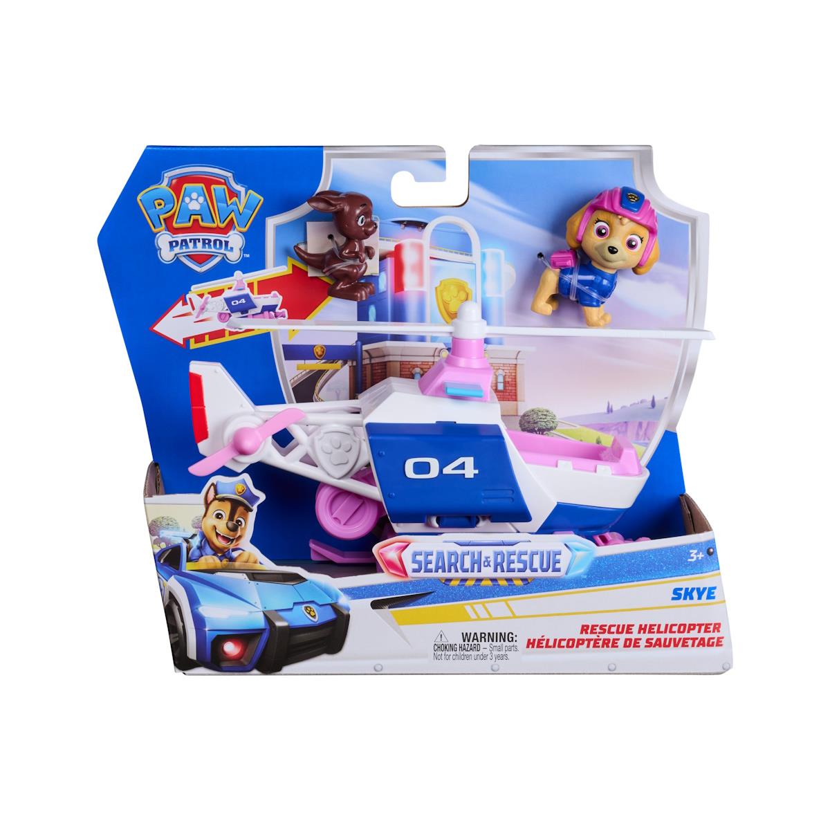 Brinquedo helicóptero de resgate Paw Patrol com figuras caninas na embalagem