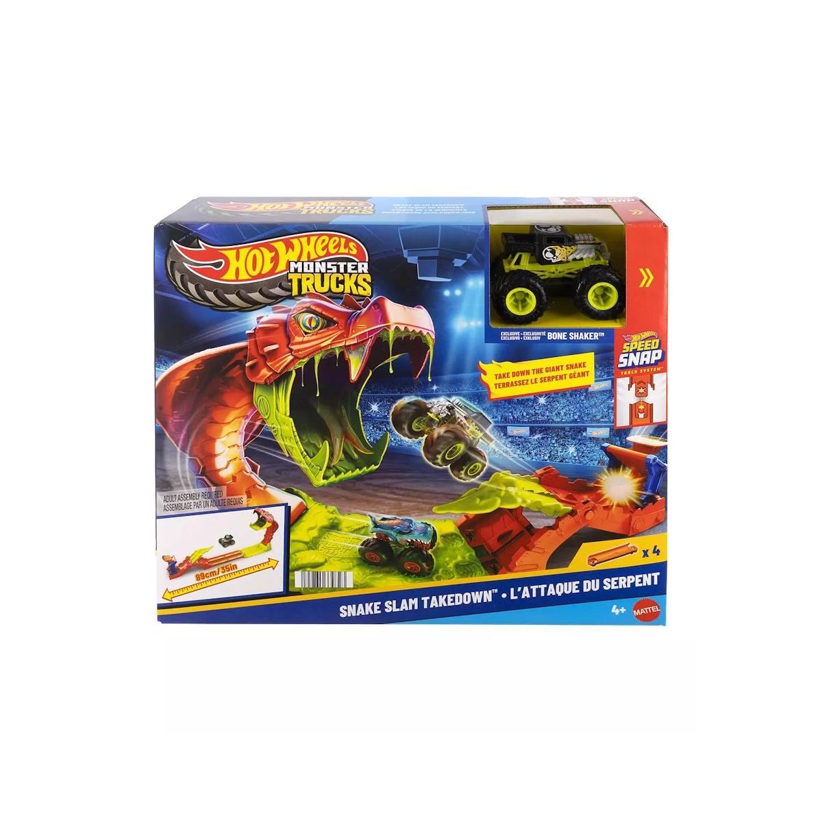 Brinquedo Hot Wheels Monster Trucks com pista de cobra gigante na caixa