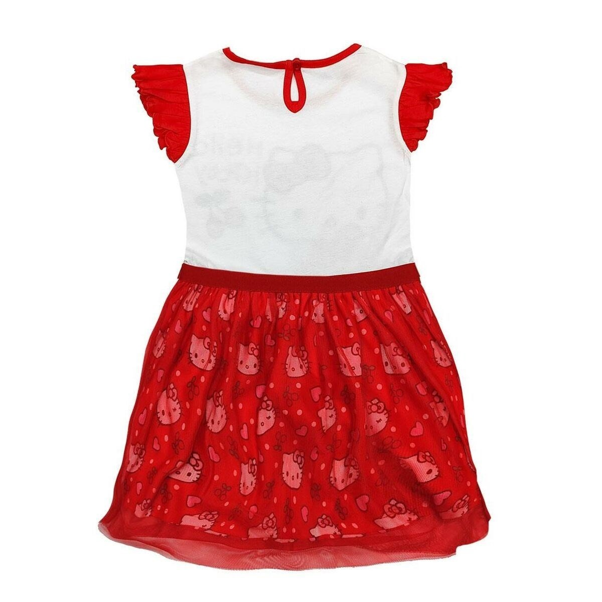 Vestido infantil branco e vermelho com padrão de gato na saia