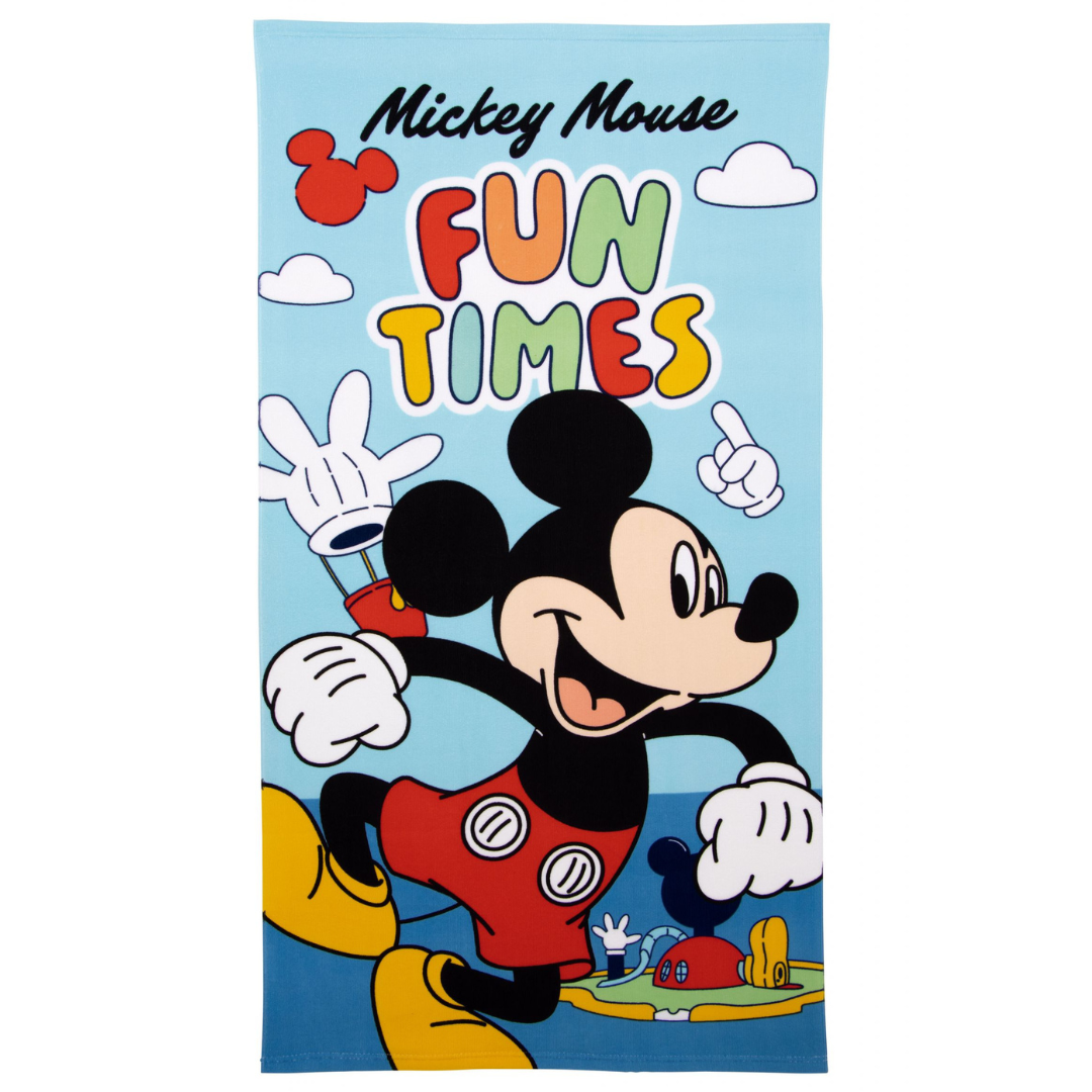 Toalha com estampa colorida do Mickey Mouse e texto Fun Times