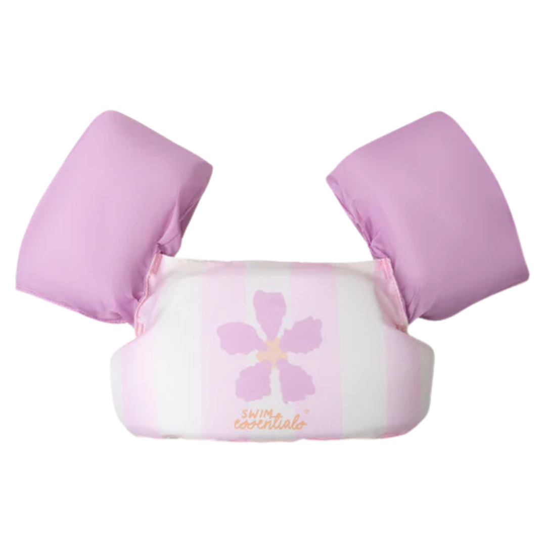 Flutuador infantil rosa e branco com braços infláveis e decoração de flor e texto