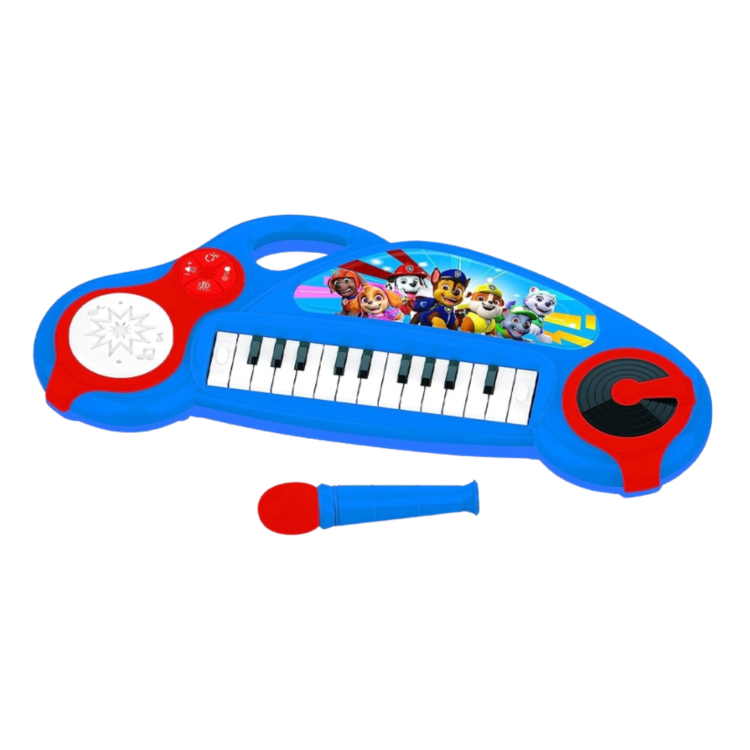 Teclado musical infantil azul com personagens da Patrulha Pata e microfone