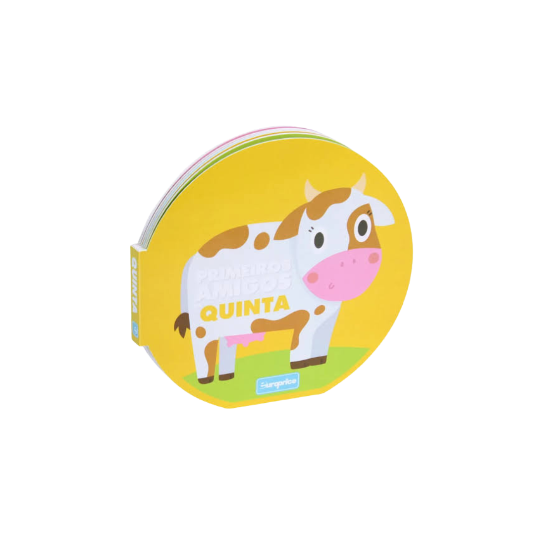 Livro infantil redondo com vaca e texto PRIMEIROS AMIGOS QUINTA
