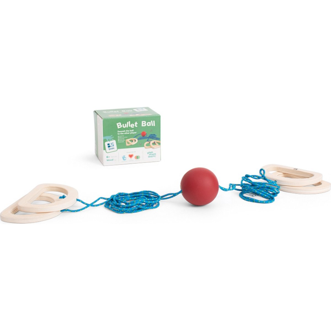 Jogo Bullet Ball com pegas em madeira, cordão azul e bola vermelha