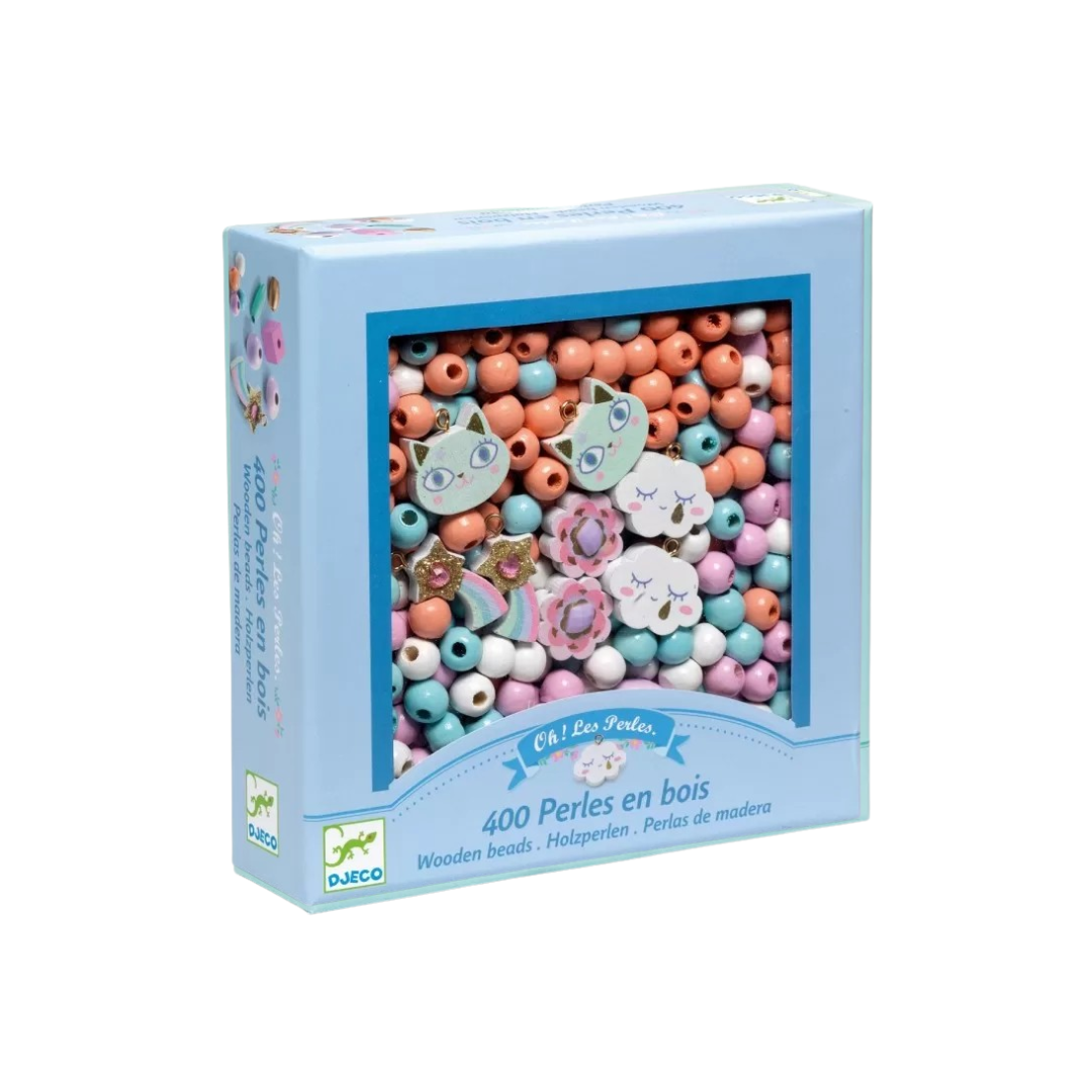 Caixa azul com 400 contas de madeira coloridas e decorativas em tons pastel