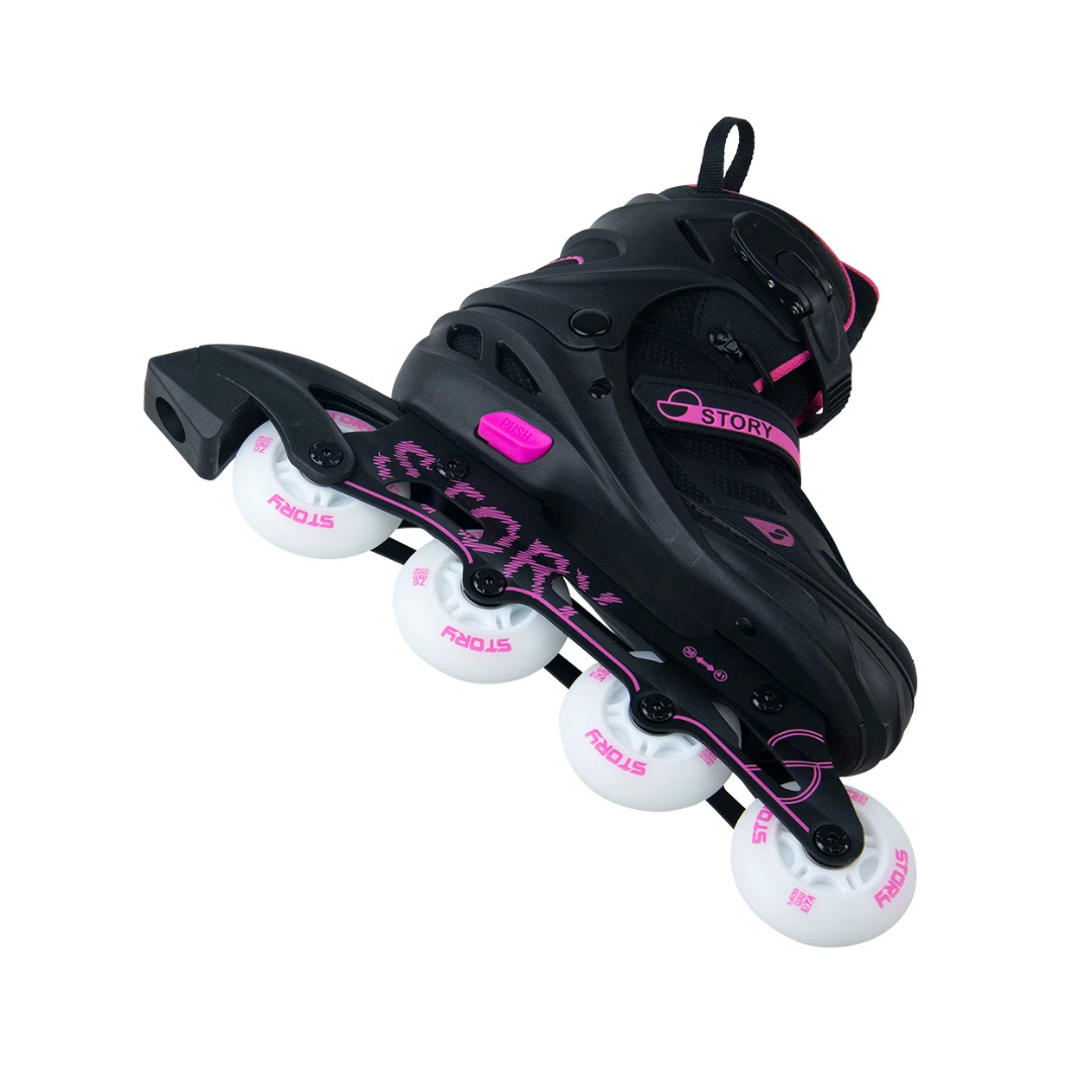 Patins em linha pretos e rosa com rodas brancas
