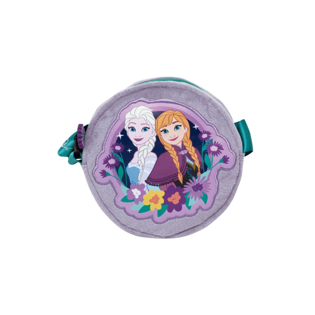 Mochila redonda cinzenta com desenho das personagens Elsa e Anna de Frozen