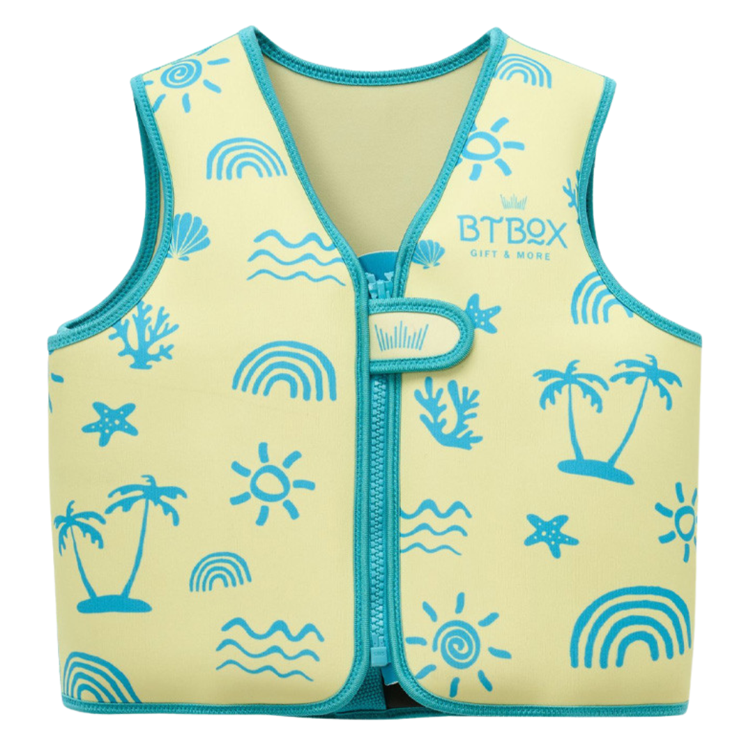 Colete salva-vidas infantil amarelo com estampas azuis e fecho de correr