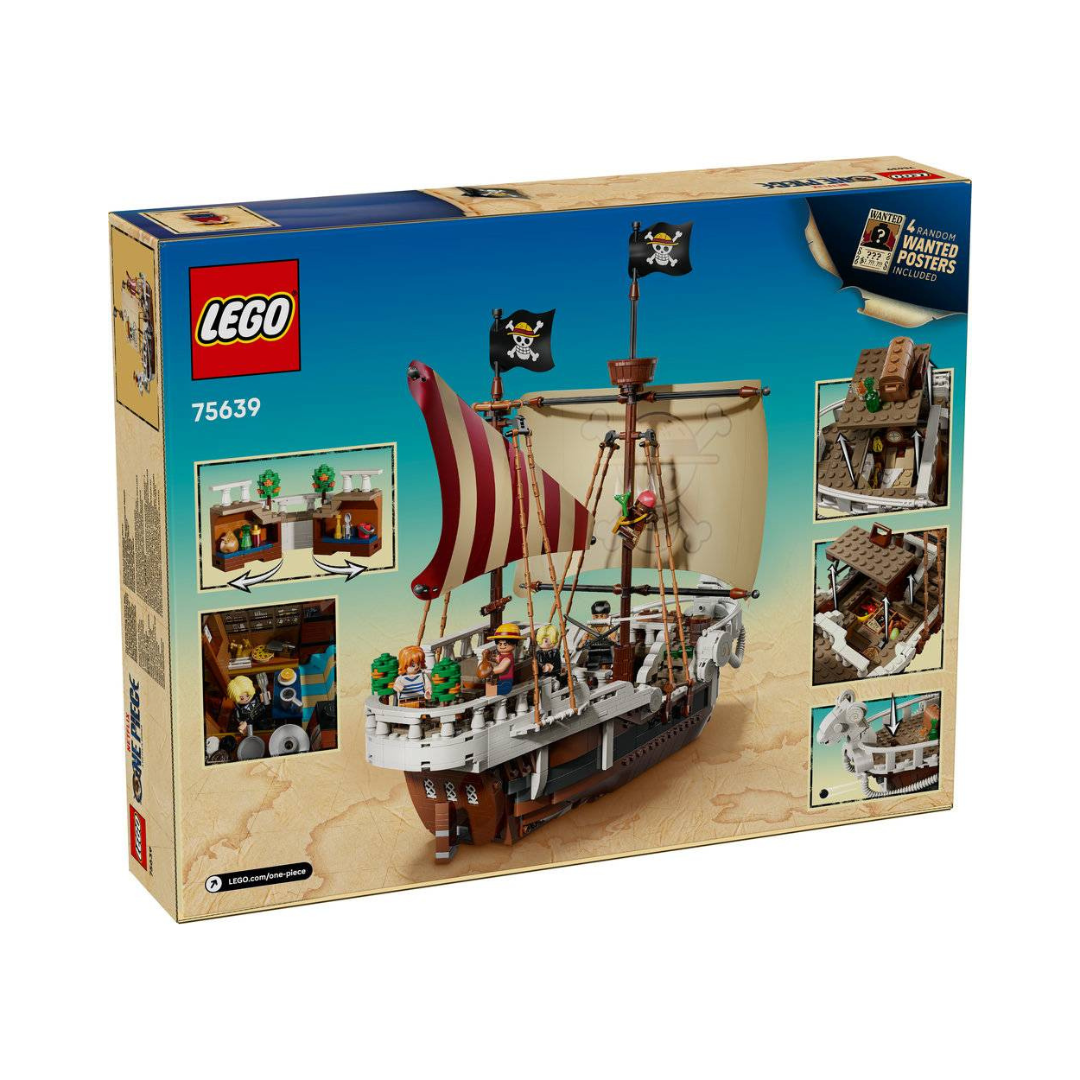 Conjunto LEGO navio pirata com velas e minifiguras na caixa