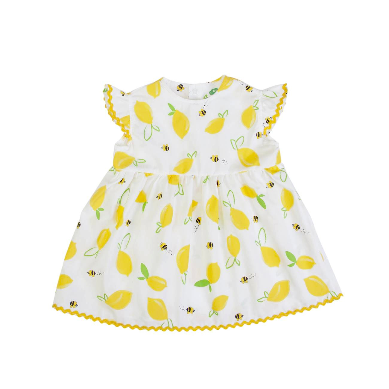 Vestido infantil branco com estampa de limões e abelhas amarelas