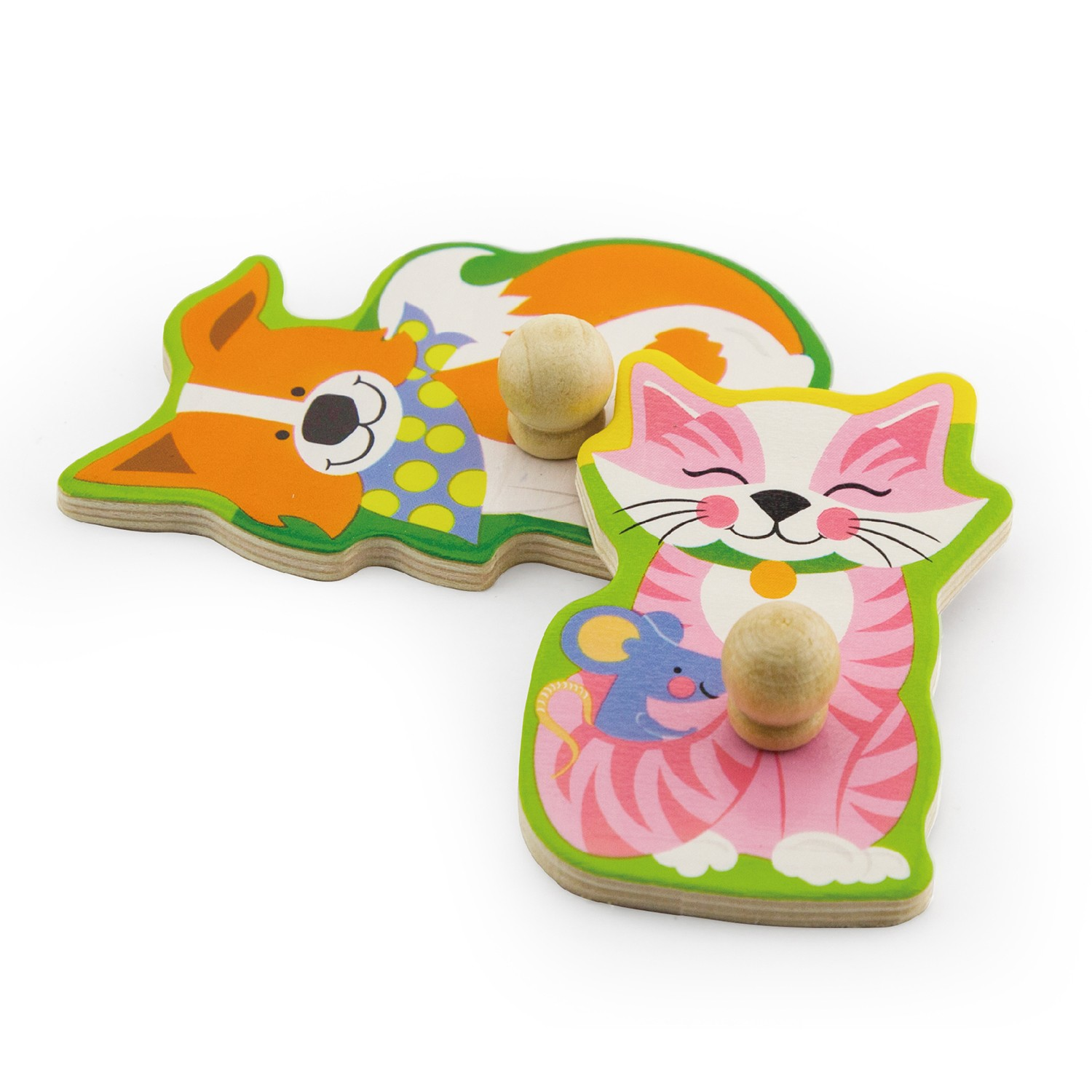 Puzzles de madeira para crianças com desenhos de uma raposa e um gato coloridos