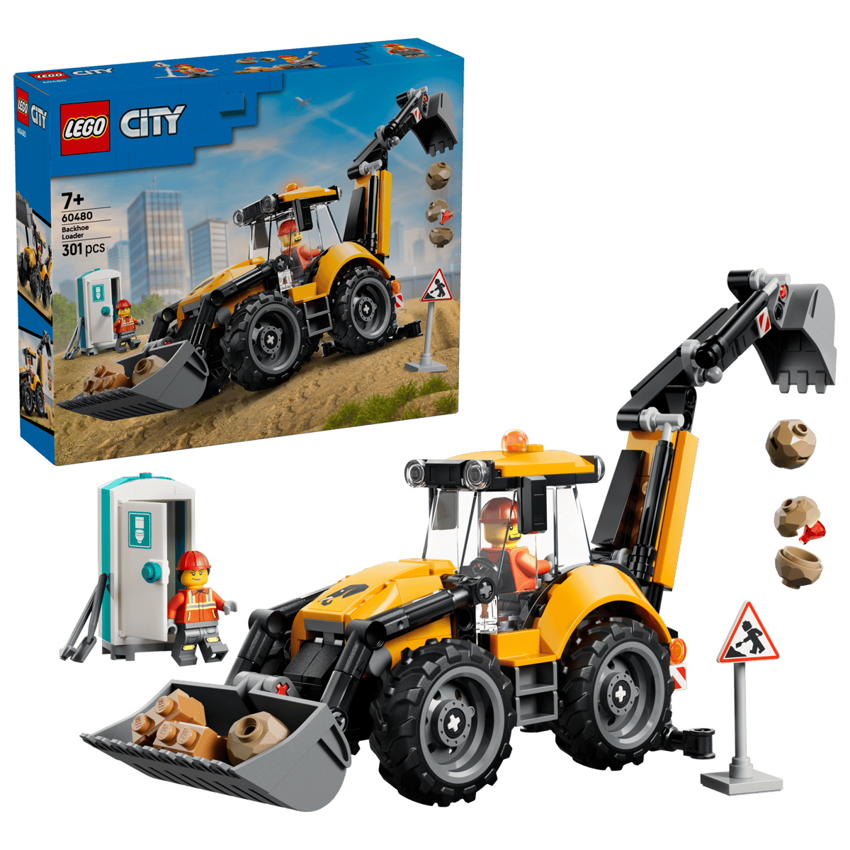 Conjunto LEGO City de retroescavadora com minifigura e acessórios
