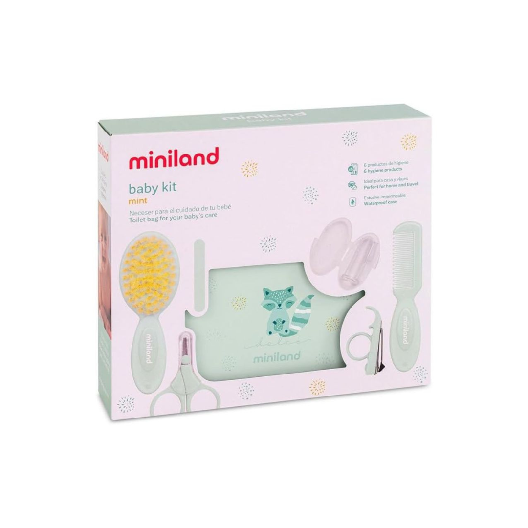 Kit higiene bebé Miniland com escova, pente, tesoura, cortador e estojo impermeável verde