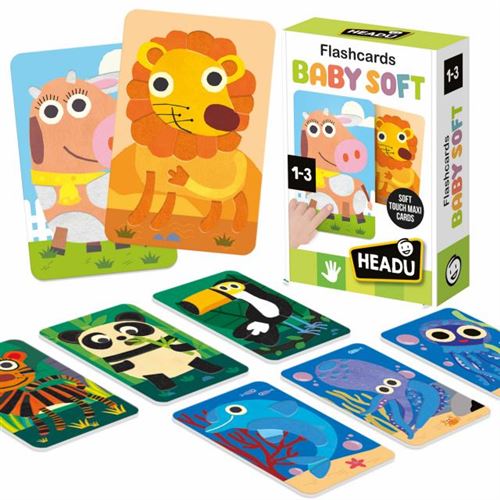 Flashcards BABY SOFT da HEADU com ilustrações de animais para crianças de 1 a 3 anos.