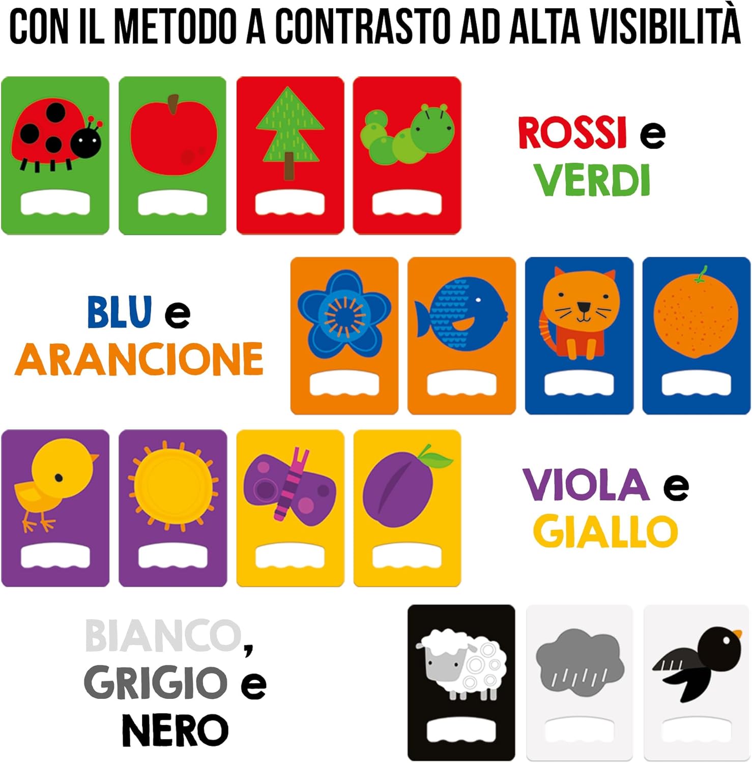Cartas coloridas para crianças com imagens de animais, frutas e objetos, e texto em italiano sobre contraste e cores.