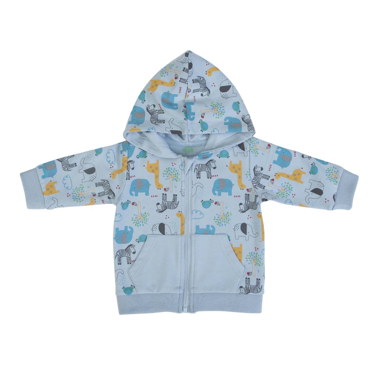 Casaco de bebé azul claro com padrão de animais e capuz