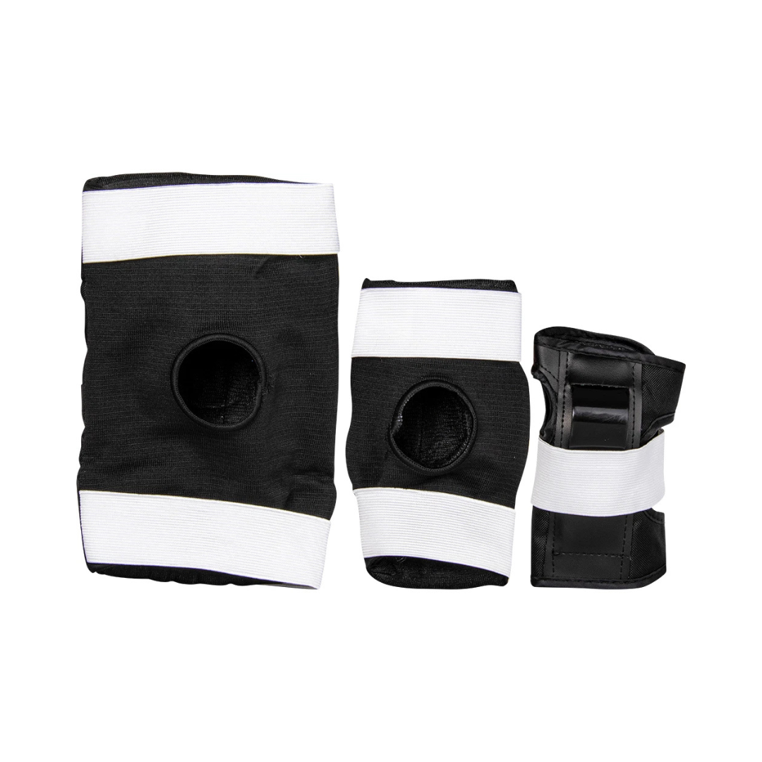 Conjunto de joelheira, cotoveleira e munhequeira preto com elásticos brancos