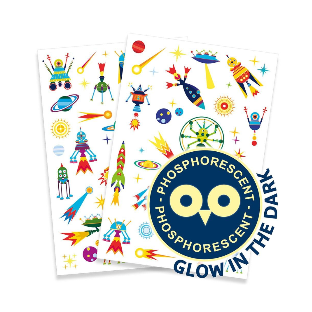 Conjuntos de autocolantes coloridos com figuras de robôs e elementos espaciais, selo fosforescente.