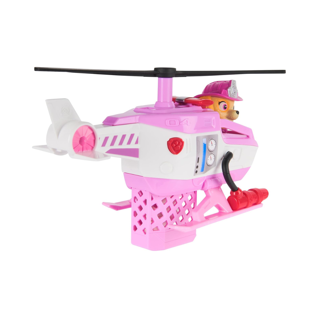 Brinquedo helicóptero rosa e branco com figura de cão com capacete rosa na cabine