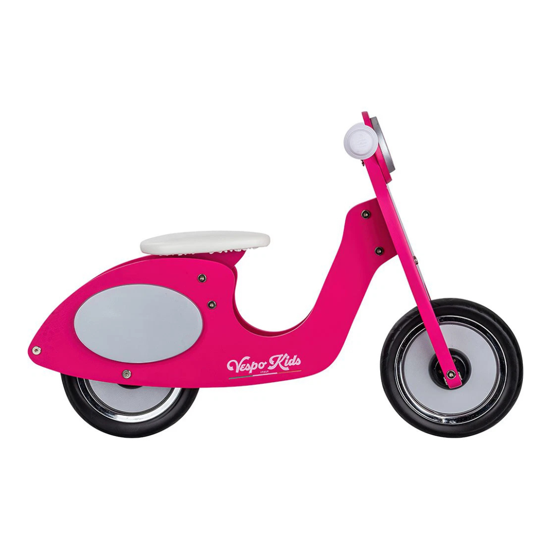 Moto de brinquedo para crianças cor-de-rosa com rodas pretas e sela branca