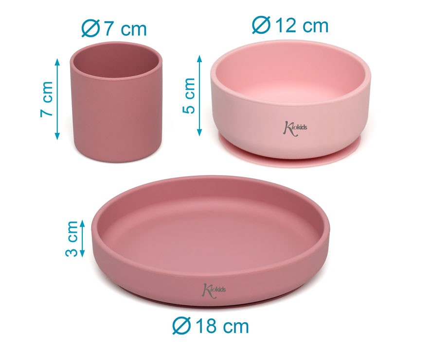 Conjunto de três recipientes de silicone rosa com marca KiOKids e medidas visíveis