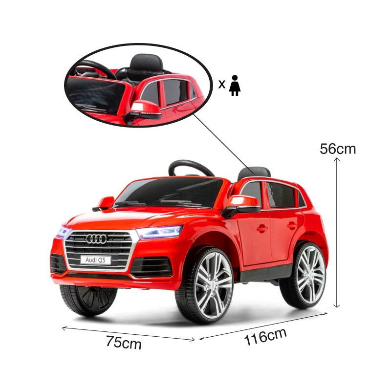 Carro elétrico infantil Audi Q5 vermelho com volante preto e faróis azuis
