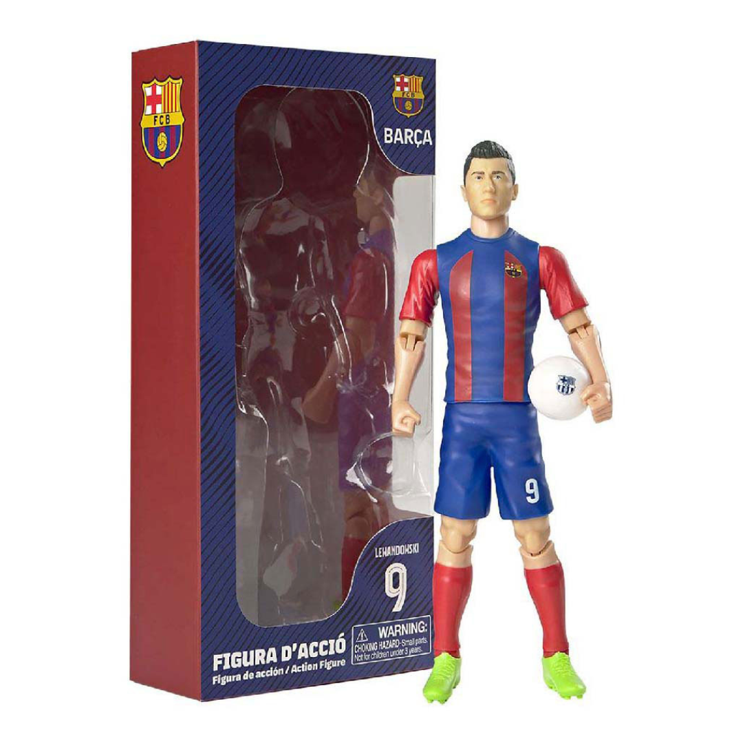 Boneco de ação Lewandowski com uniforme FC Barcelona e embalagem