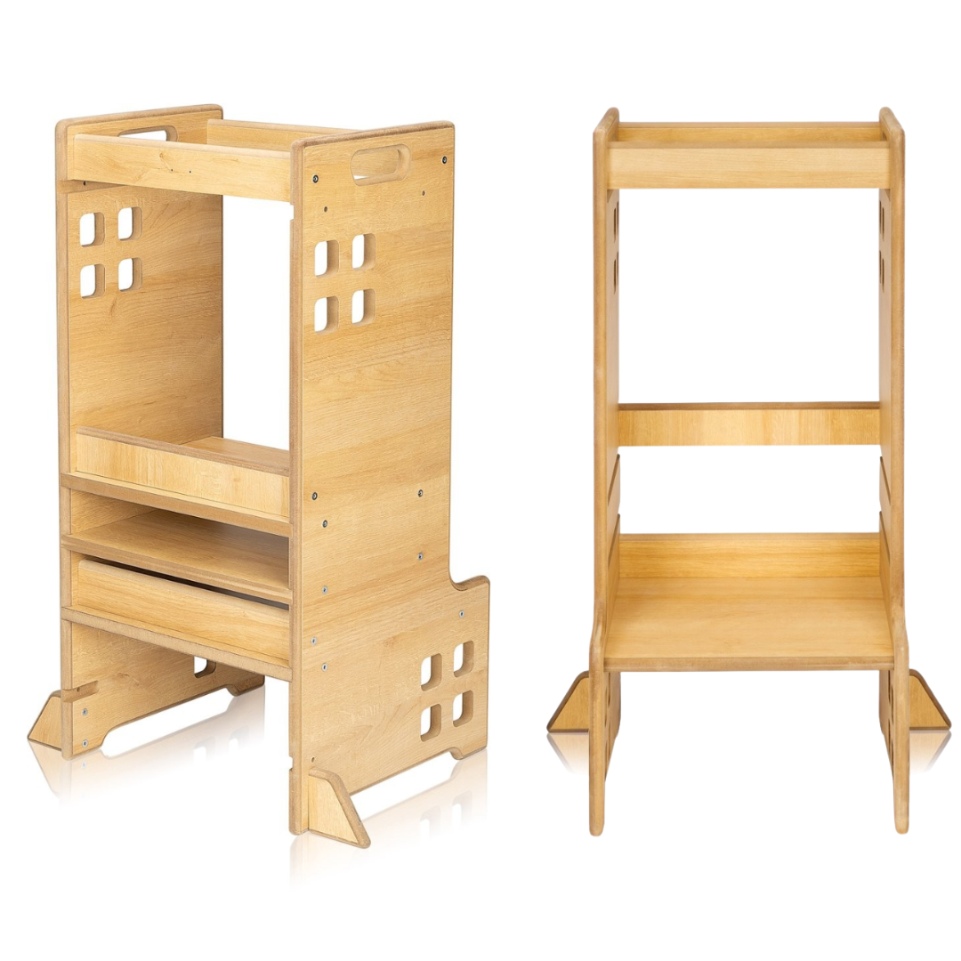 Cozinha de aprendizagem infantil de madeira clara vista de frente e de lado