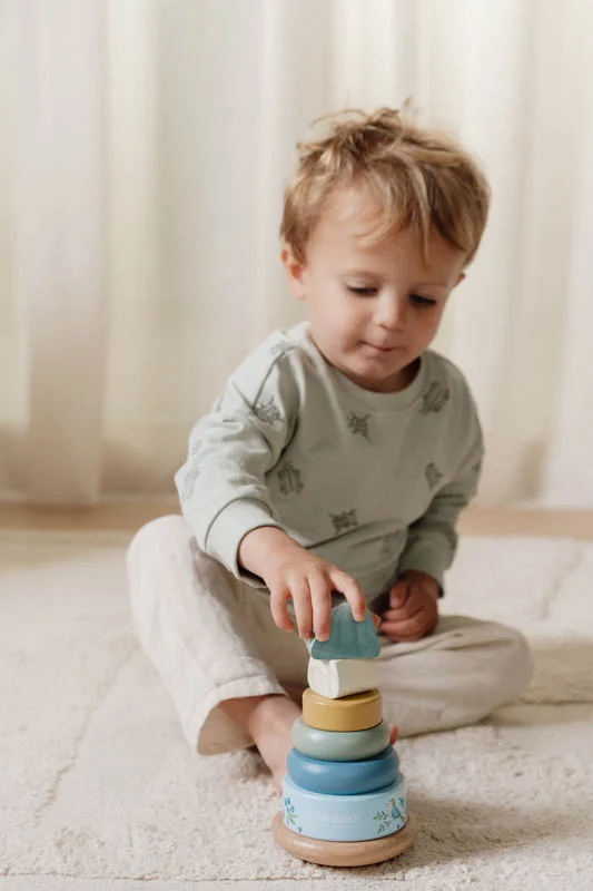 Criança a brincar com brinquedo de empilhar em madeira e cores pastel