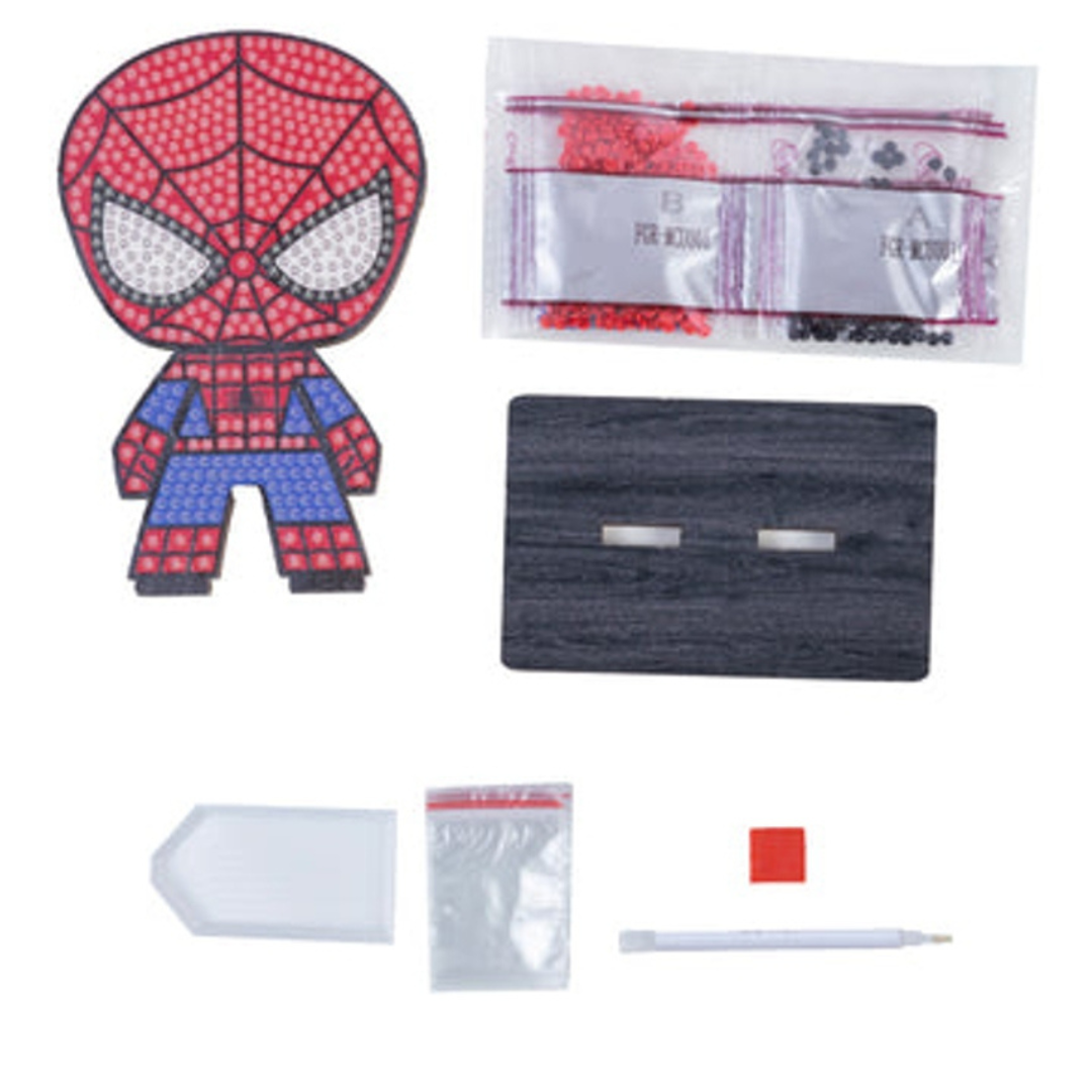 Kit de artesanato Spiderman com cristais e ferramentas para aplicação.