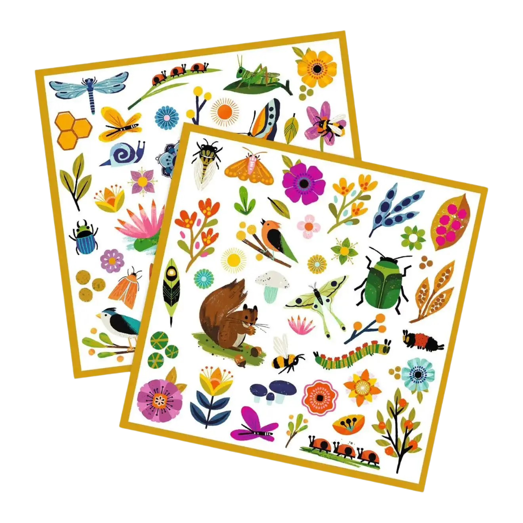 Folhas com autocolantes de flores, insetos e animais coloridos