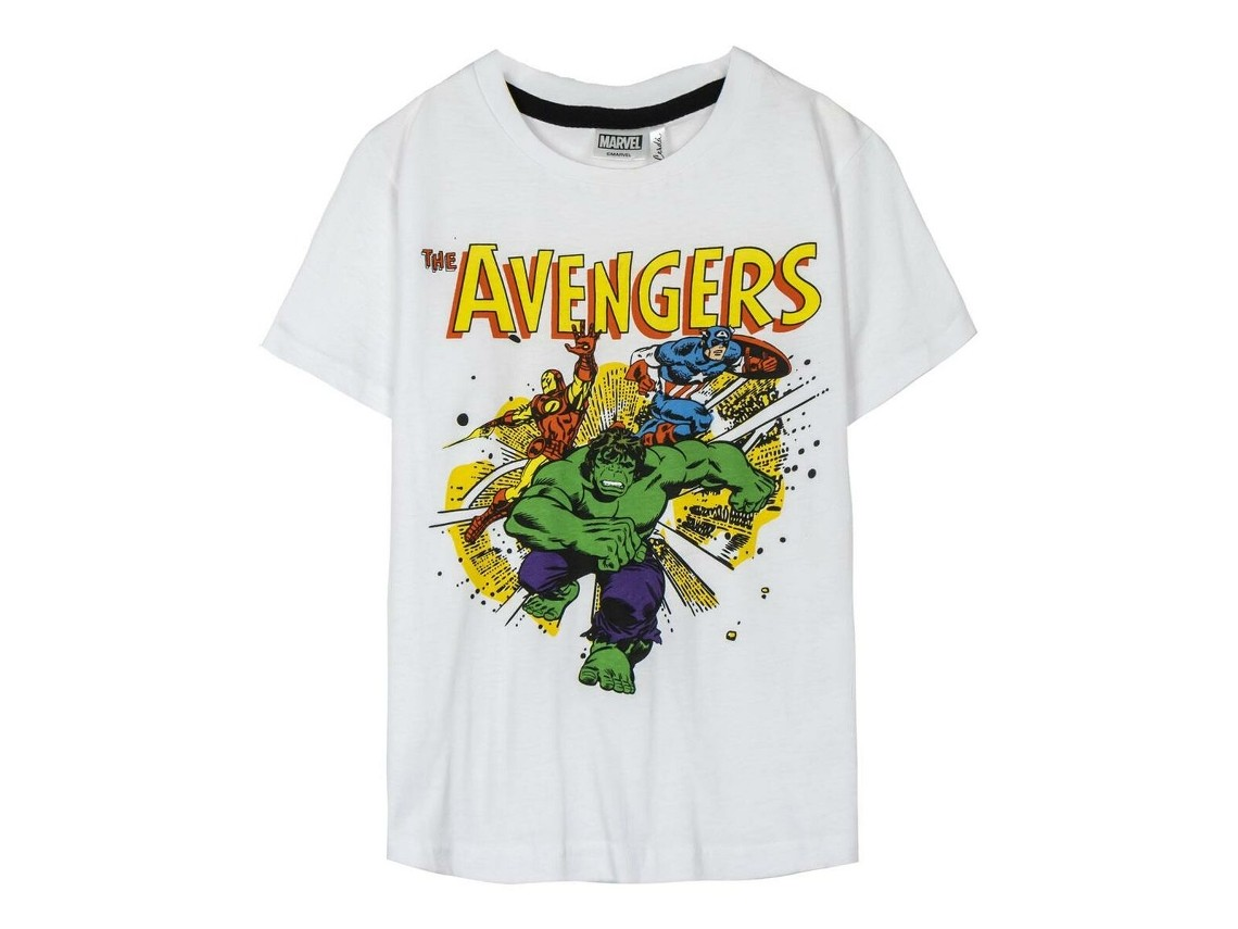 T-shirt branca dos Avengers com estampado colorido dos super-heróis